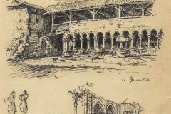 Gravure du cloître et des absidioles de l'Abbaye de la Grainetière